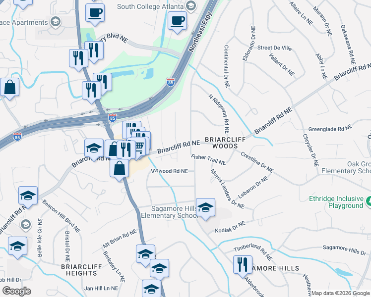 map of restaurants, bars, coffee shops, grocery stores, and more near 1896 Fisher Trail Northeast in Atlanta