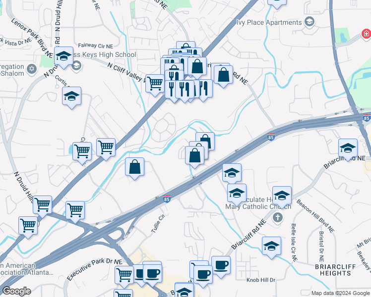 map of restaurants, bars, coffee shops, grocery stores, and more near 3205 Druid Hills Reserve Drive Northeast in Atlanta