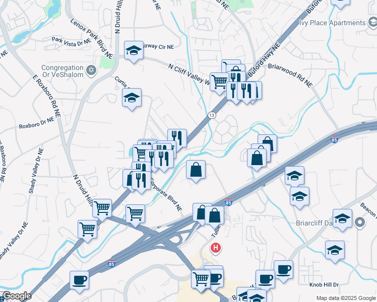 map of restaurants, bars, coffee shops, grocery stores, and more near 3135 Buford Highway Northeast in Atlanta