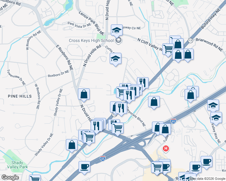 map of restaurants, bars, coffee shops, grocery stores, and more near 1282 Keys Lake Drive Northeast in Atlanta