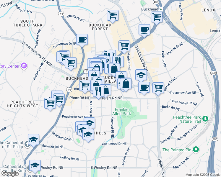 map of restaurants, bars, coffee shops, grocery stores, and more near 371 East Paces Ferry Road Northeast in Atlanta
