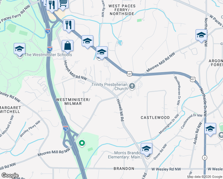 map of restaurants, bars, coffee shops, grocery stores, and more near 3005 Howell Mill Road Northwest in Atlanta