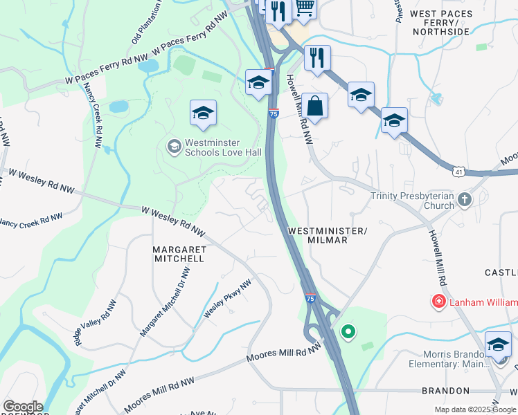 map of restaurants, bars, coffee shops, grocery stores, and more near 3050 Margaret Mitchell Drive Northwest in Atlanta
