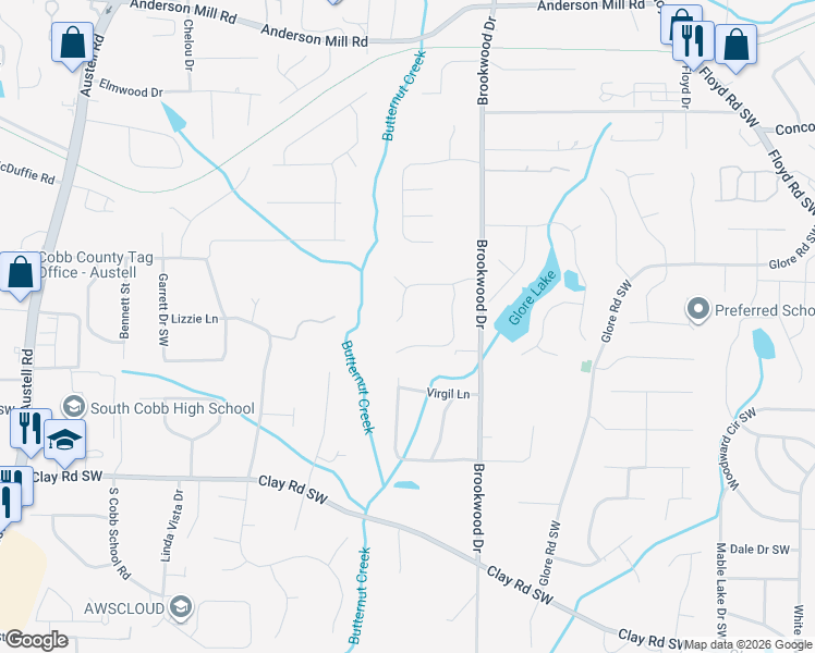 map of restaurants, bars, coffee shops, grocery stores, and more near 1371 Lamont Drive Southwest in Mableton