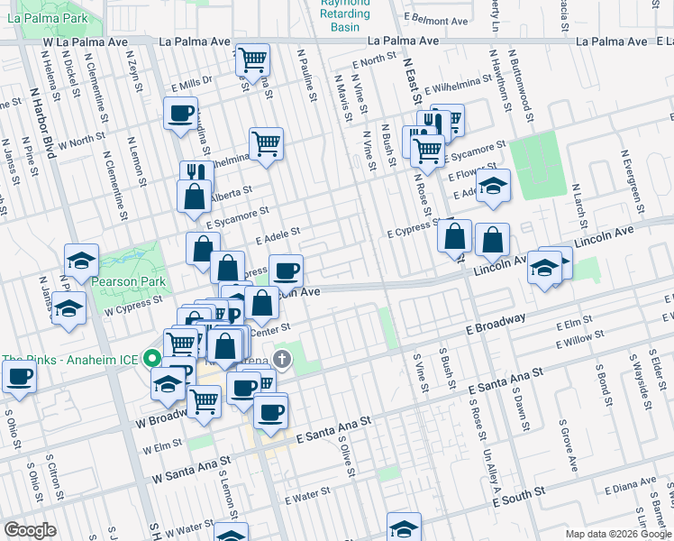 map of restaurants, bars, coffee shops, grocery stores, and more near 563 East City Court in Anaheim
