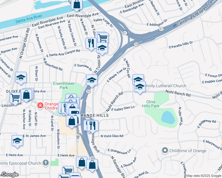 map of restaurants, bars, coffee shops, grocery stores, and more near 421 South Cedarhaven Way in Anaheim