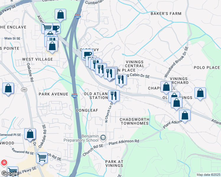 map of restaurants, bars, coffee shops, grocery stores, and more near 4695 South Atlanta Road Southeast in Smyrna