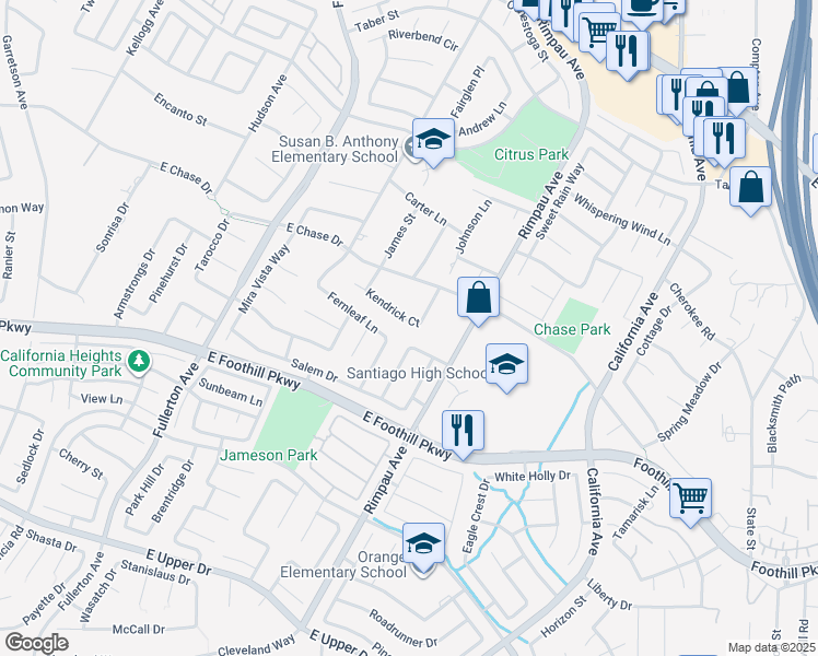 map of restaurants, bars, coffee shops, grocery stores, and more near 1236 kendrick Court in Corona