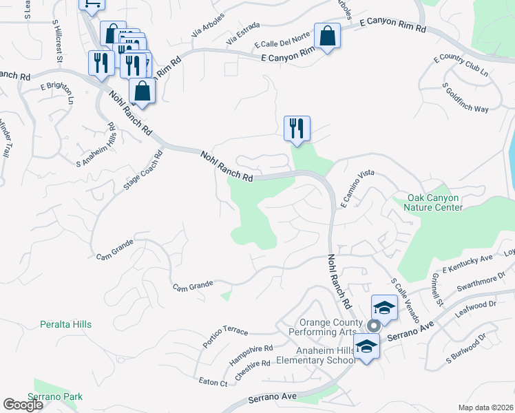 map of restaurants, bars, coffee shops, grocery stores, and more near 780 South Fairway Lane in Anaheim