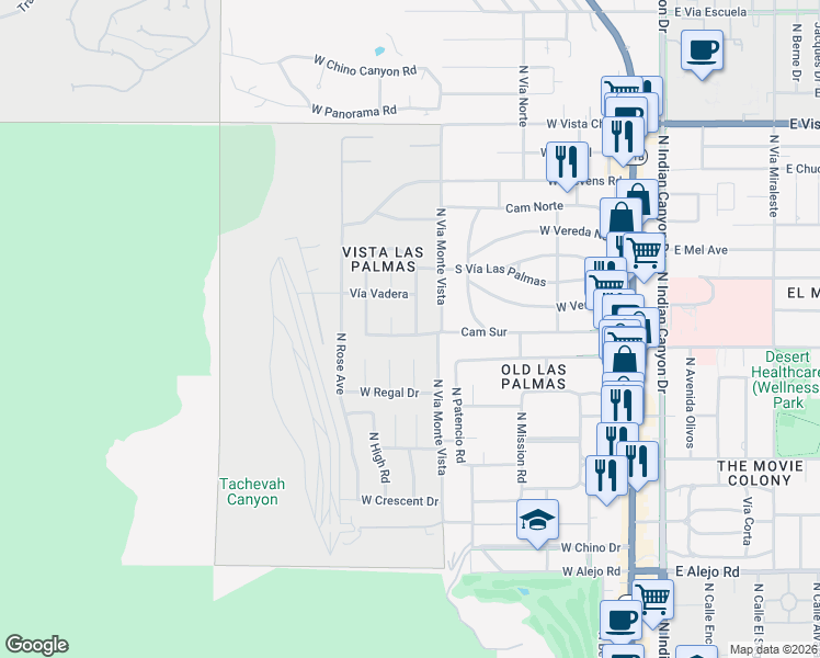 map of restaurants, bars, coffee shops, grocery stores, and more near 1130 North Paseo Dero in Palm Springs