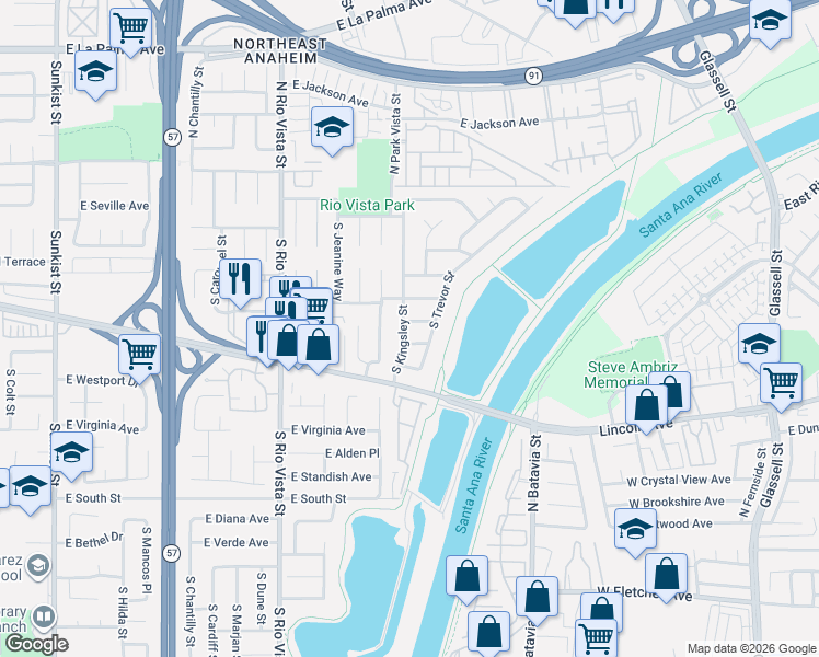 map of restaurants, bars, coffee shops, grocery stores, and more near 201 South Kingsley Street in Anaheim