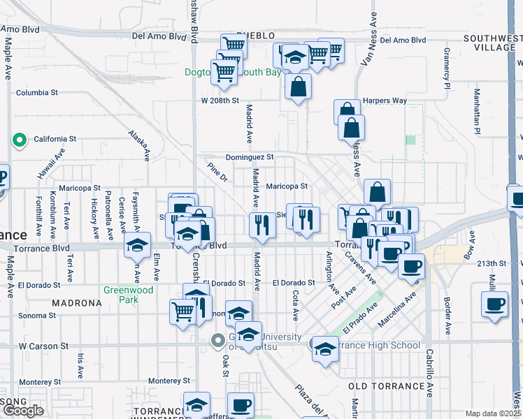 map of restaurants, bars, coffee shops, grocery stores, and more near 2319 Sierra Street in Torrance