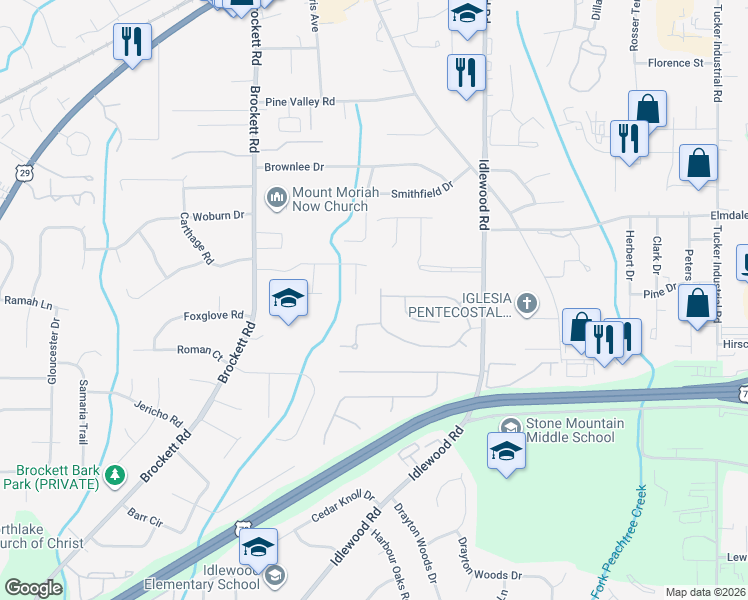 map of restaurants, bars, coffee shops, grocery stores, and more near 4135 Browning Chase Drive in Tucker