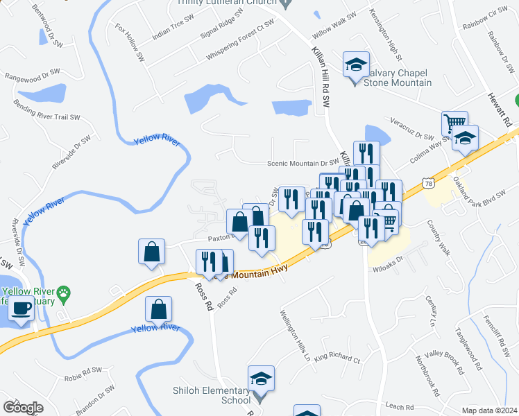 map of restaurants, bars, coffee shops, grocery stores, and more near 2027 Paxton Drive Southwest in Lilburn