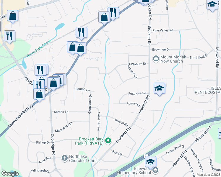 map of restaurants, bars, coffee shops, grocery stores, and more near 3911 Oberlin Court in Tucker