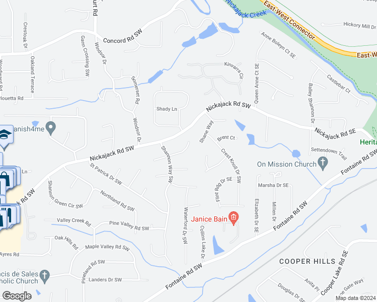 map of restaurants, bars, coffee shops, grocery stores, and more near 197 Dublin Court Southwest in Mableton