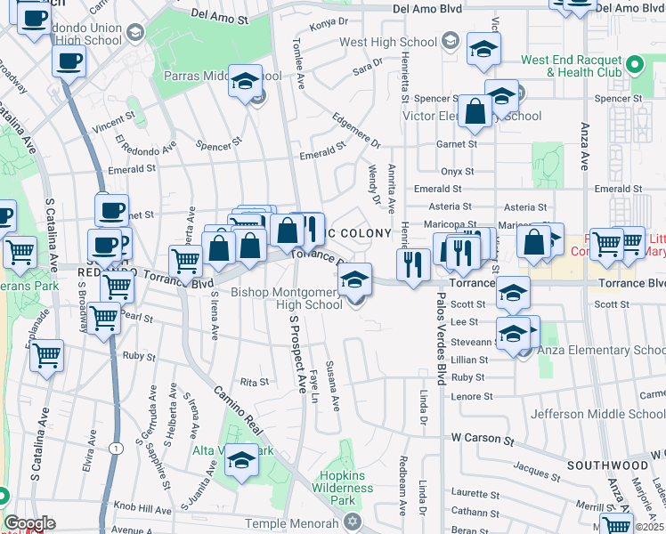 map of restaurants, bars, coffee shops, grocery stores, and more near 5500 Torrance Boulevard in Torrance