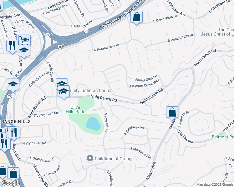 map of restaurants, bars, coffee shops, grocery stores, and more near 4401 East Ridge Gate Road in Anaheim