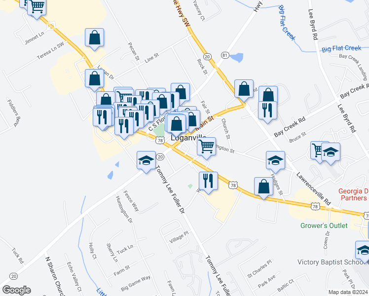 map of restaurants, bars, coffee shops, grocery stores, and more near 4398 Atlanta Highway in Loganville