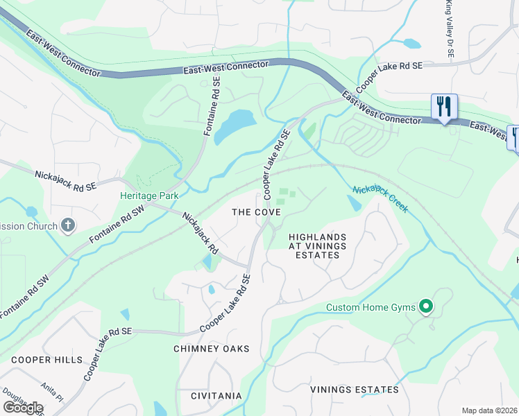 map of restaurants, bars, coffee shops, grocery stores, and more near 4724 Legacy Cove Lane in Mableton