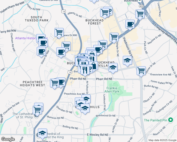 map of restaurants, bars, coffee shops, grocery stores, and more near Buckhead Avenue Northeast in Atlanta