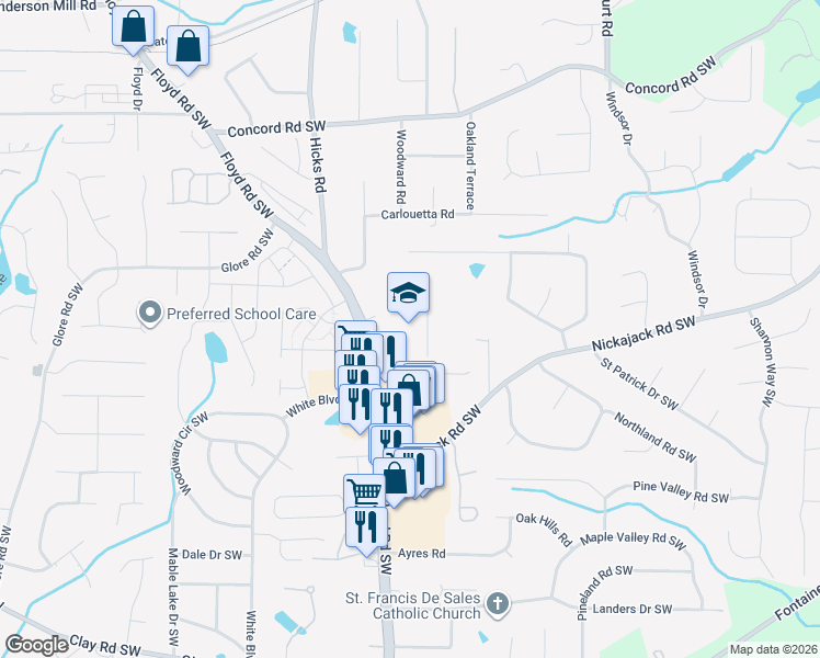 map of restaurants, bars, coffee shops, grocery stores, and more near 4803 Floyd Road Southwest in Mableton