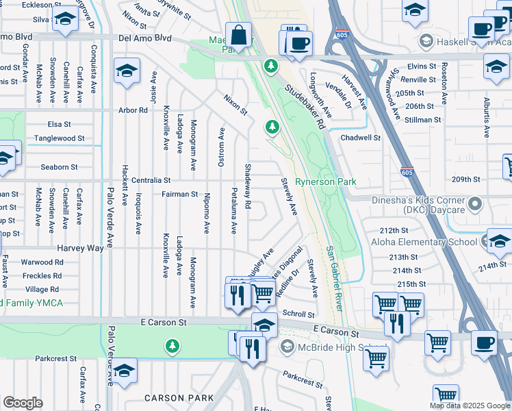 map of restaurants, bars, coffee shops, grocery stores, and more near 4489 Paula Street in Lakewood
