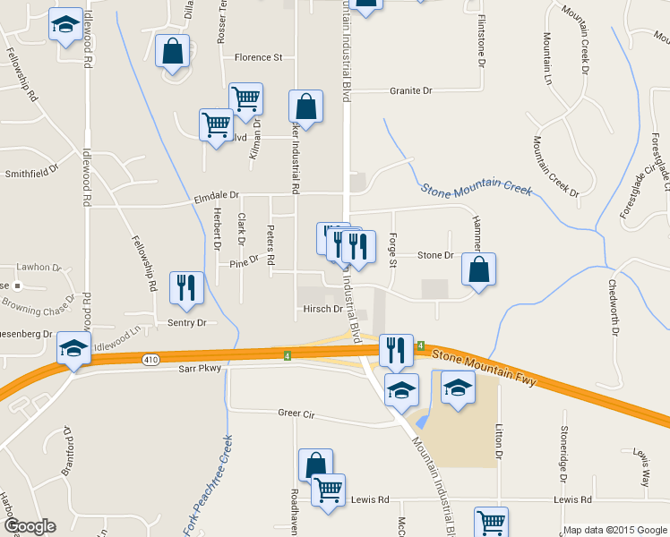 map of restaurants, bars, coffee shops, grocery stores, and more near 1880 Mountain Industrial Boulevard in Tucker