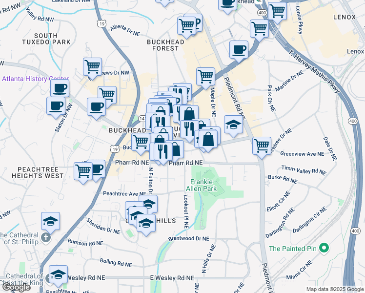 map of restaurants, bars, coffee shops, grocery stores, and more near 371 East Paces Ferry Road Northeast in Atlanta