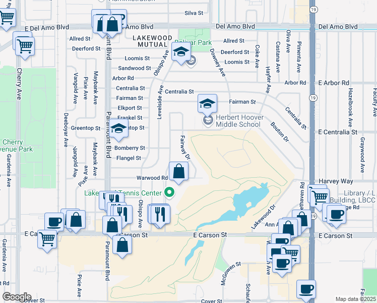 map of restaurants, bars, coffee shops, grocery stores, and more near 4368 Fairway Drive in Lakewood