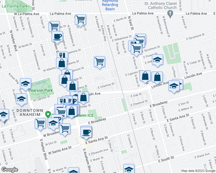 map of restaurants, bars, coffee shops, grocery stores, and more near 563 East City Court in Anaheim
