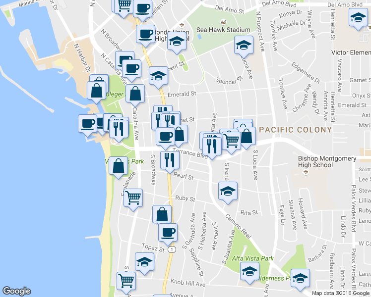 map of restaurants, bars, coffee shops, grocery stores, and more near 401 Torrance Boulevard in Redondo Beach