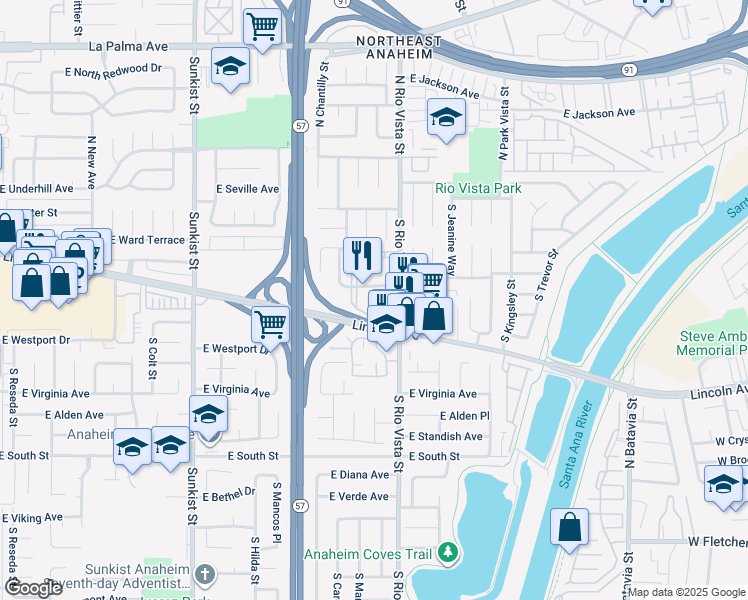 map of restaurants, bars, coffee shops, grocery stores, and more near 211 South Rio Vista Street in Anaheim