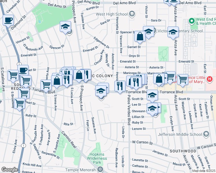 map of restaurants, bars, coffee shops, grocery stores, and more near 5481 Torrance Boulevard in Torrance