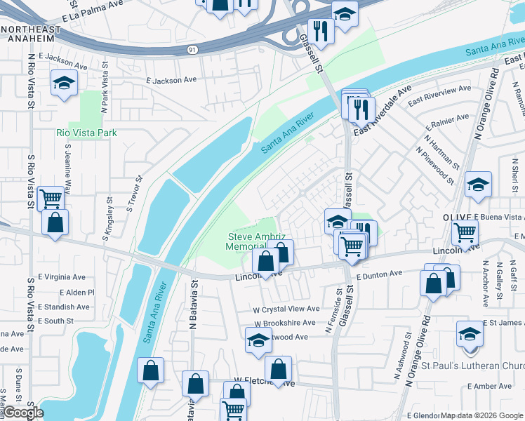 map of restaurants, bars, coffee shops, grocery stores, and more near 3038 North Spicewood Street in Orange
