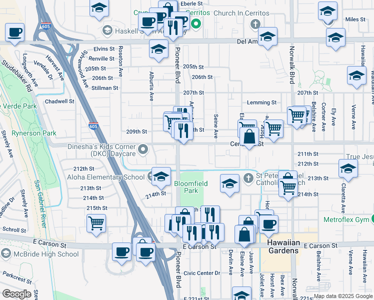 map of restaurants, bars, coffee shops, grocery stores, and more near 20915 Pioneer Boulevard in Lakewood