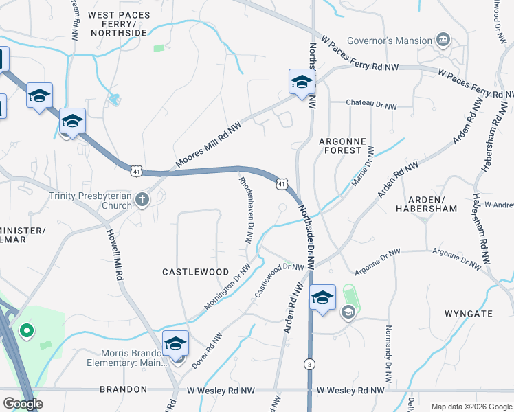 map of restaurants, bars, coffee shops, grocery stores, and more near 3041 Rhodenhaven Drive Northwest in Atlanta