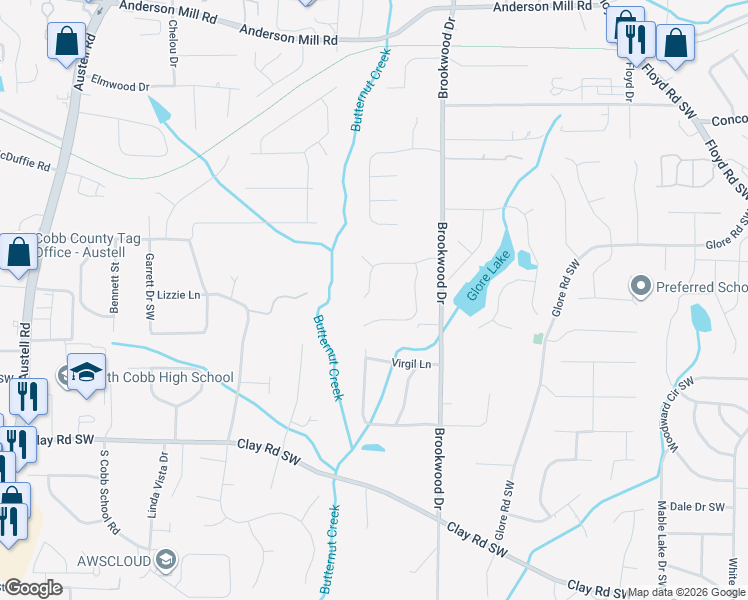 map of restaurants, bars, coffee shops, grocery stores, and more near 1371 Lamont Drive Southwest in Mableton
