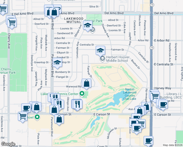map of restaurants, bars, coffee shops, grocery stores, and more near 4402 Fairway Drive in Lakewood