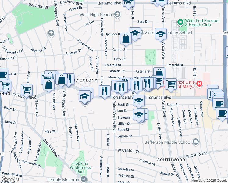 map of restaurants, bars, coffee shops, grocery stores, and more near 5215 Torrance Boulevard in Torrance