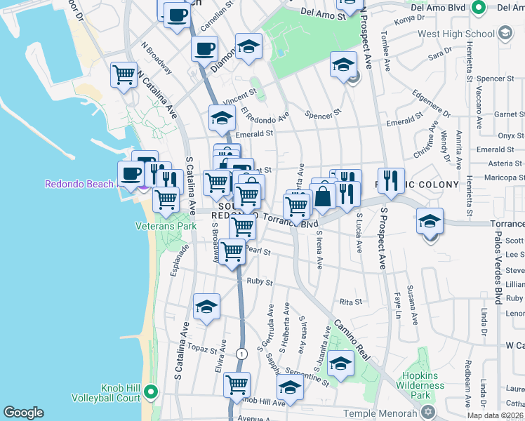 map of restaurants, bars, coffee shops, grocery stores, and more near 401 Torrance Boulevard in Redondo Beach