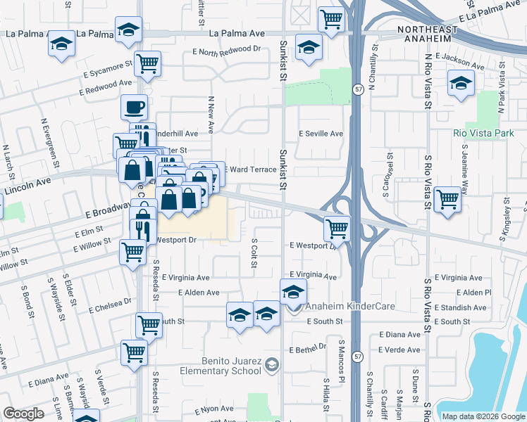 map of restaurants, bars, coffee shops, grocery stores, and more near 2440 East Agave Street in Anaheim