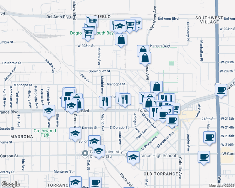 map of restaurants, bars, coffee shops, grocery stores, and more near 911 Cota Avenue in Torrance