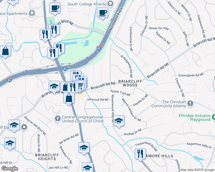 map of restaurants, bars, coffee shops, grocery stores, and more near 1896 Fisher Trail Northeast in Atlanta