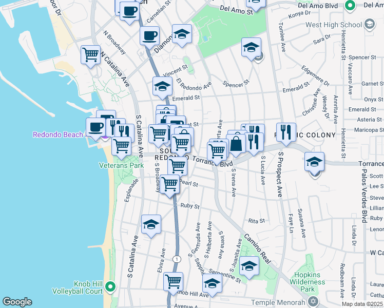 map of restaurants, bars, coffee shops, grocery stores, and more near 232 South Guadalupe Avenue in Redondo Beach