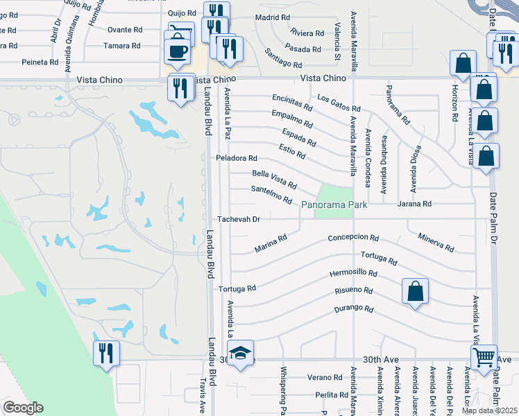 map of restaurants, bars, coffee shops, grocery stores, and more near 68210 Manzanar Court in Cathedral City