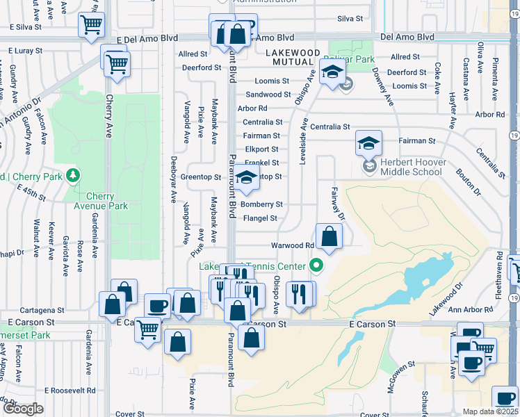 map of restaurants, bars, coffee shops, grocery stores, and more near 2812 Bomberry Street in Lakewood