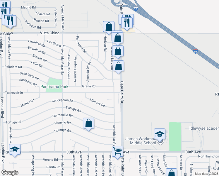 map of restaurants, bars, coffee shops, grocery stores, and more near 68885 Jarana Road in Cathedral City