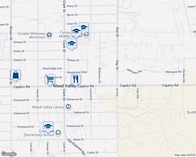 map of restaurants, bars, coffee shops, grocery stores, and more near 21820 Cajalco Road in Perris