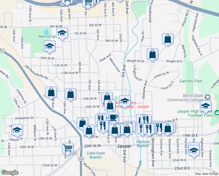 map of restaurants, bars, coffee shops, grocery stores, and more near 1303 5th Avenue South in Jasper